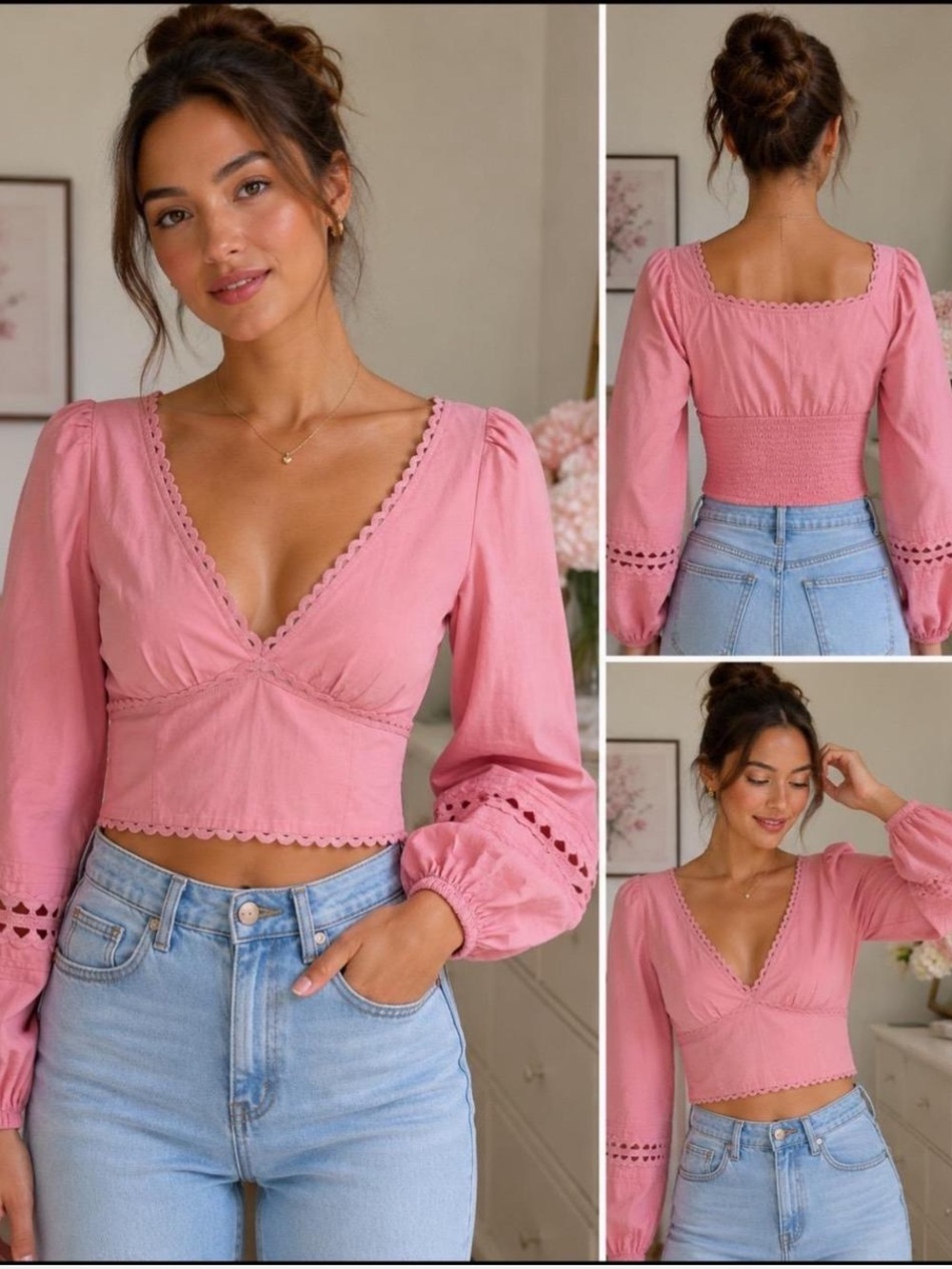 A New Day Pink Women's V-Neck Cropped Blouse Sz L